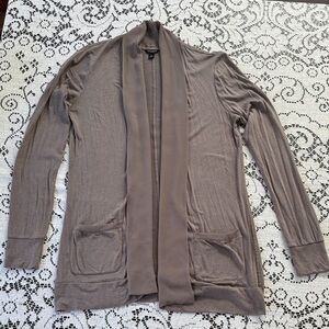 Ann Taylor Taupe Open Front Cardigan with Sheer Trim